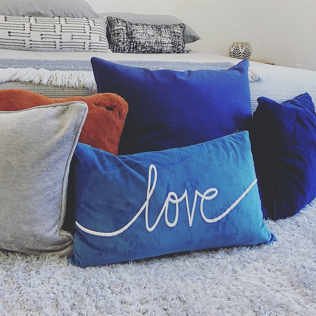 blue and white pillows